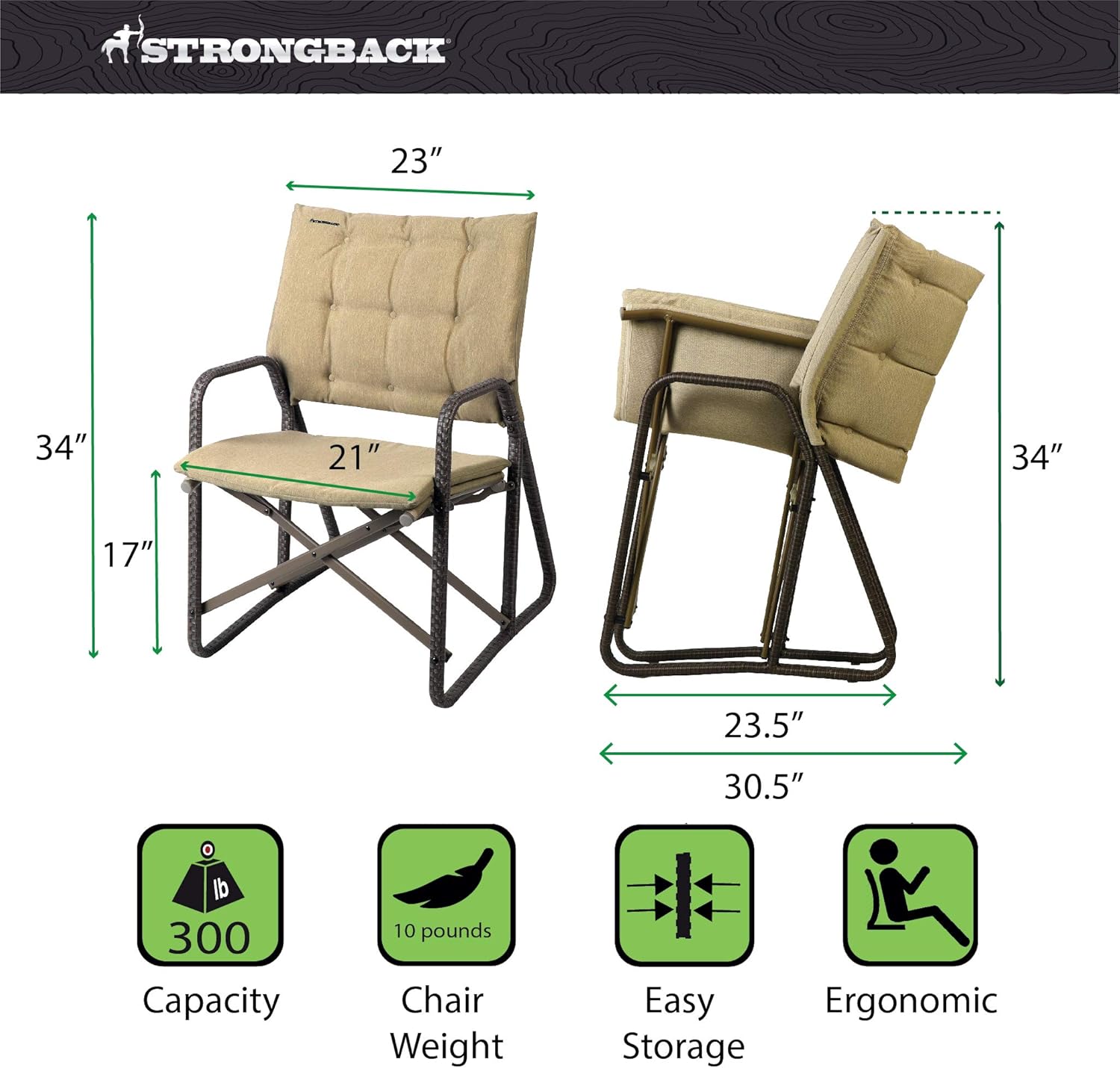 STRONGBACK Patio Chair Folding Lawn Lounge Chair Heavy Duty Outdoor Seat with Lumbar Support, Tan, One Size: Sports & Outdoors
