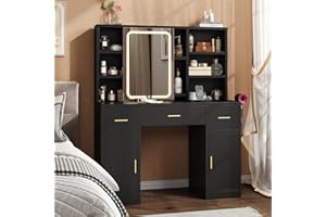 knoworld Vanity Desk with Sliding Mirror & LED Lights, Smart Makeup Table with Charging Station, Hairdryer Holder, 7 Shelves, 3 Drawers, 2 Cabinets, Vanity with Extra Hidden Stroage for Bedroom,Black