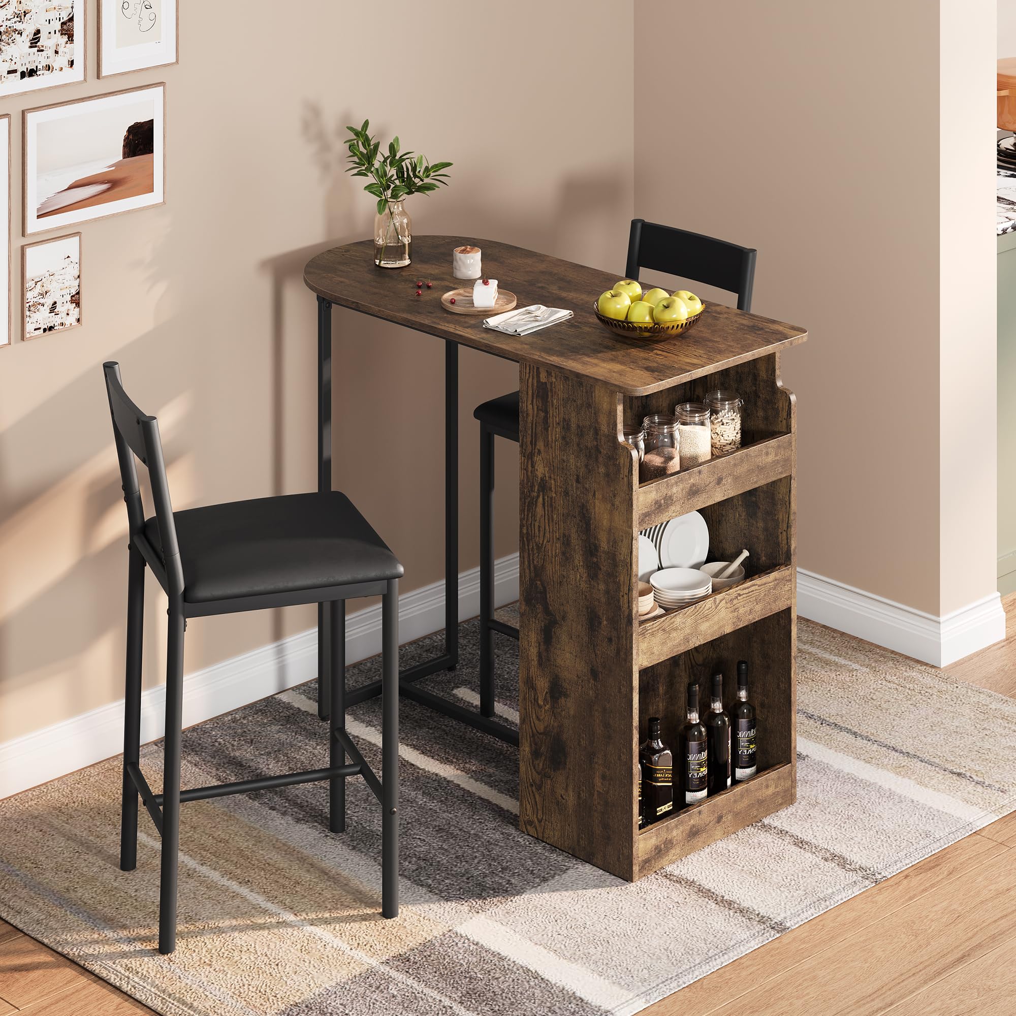 Photo 1 of *Scratched* Bar Table and Chairs Set, Semi-Circular Retro Tabletop with 3-Tier Storage Shelves, Leather Upholstered Stools, Space-Saving Modern Bar Furniture for Home Kitchen or Office, Compact Dining Solution