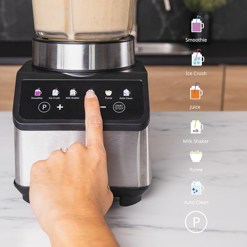 Liquidificador Digital Citrine 1200W, Garrafa de Vidro 1,5L, 7 Funções Automáticas, 4 Lâminas em Aço Inoxidável, Auto-Limpável e Gelo Triturado, Batidos, Controlo Tátil, Antiderrapante