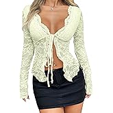 KWSTAIN Lace Tops for Women Long Sleeve Dressy Going Out Sexy Sheer Summer Floral Lace Tie Front Corset Crop Blouses Shirts