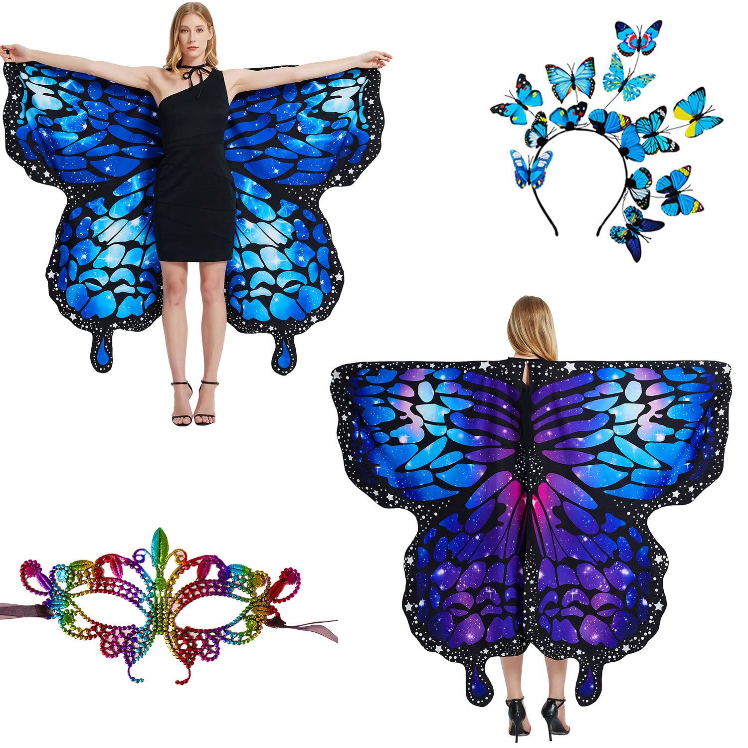 LYL. Ling Halloween Costumes Adult Women，Double-Sided Butterfly Wings Adults，Blue Butterfly Costume for Women，3PCS Fairy Wings Set.