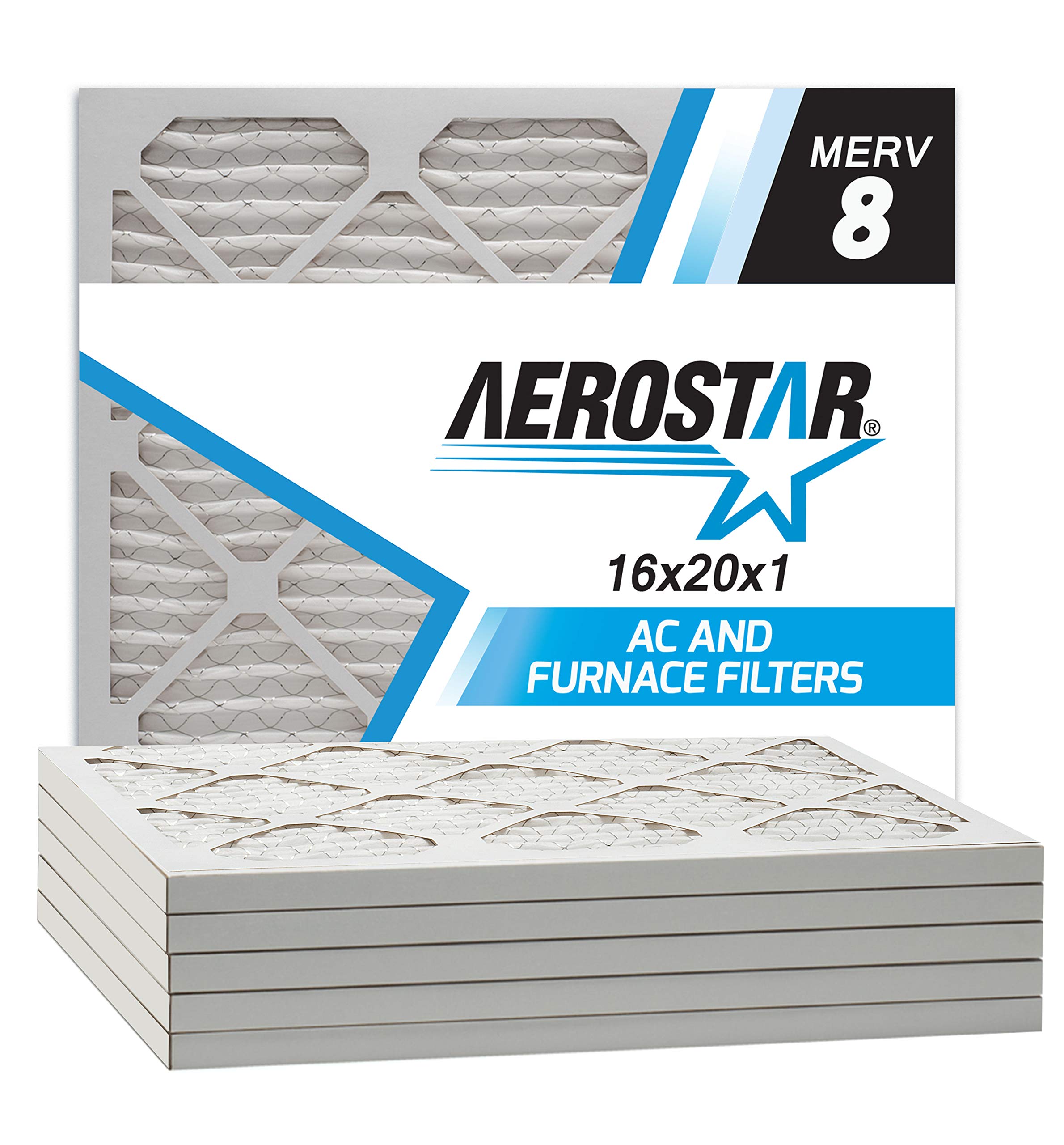 Aerostar 16x20x1 MERV 8 Pleated Air Filter, Made in the USA, 6-Pack