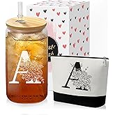 Custom Glass Cup & Makeup Bag Set - Personalized Gifts for Women, Initial 16 oz Glass Tumbler with Lid & Straw, Monogram Makeup Bag - Birthday Gifts For Women, Mother's Day Presents(A)