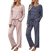 Ekouaer Womens 2 Pack Pajama Set Short & Long Sleeve Pajamas Top and Pants V Neck Pjs Set Soft Loungewear with Pockets