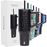 Elemental 40 oz Tumbler with Handle and Straw - Spill Proof Insulated Stainless Steel Commuter for Hot and Cold Beverages - Travel Coffee Mug with 2 Straws & Spill Proof Lid - 40oz - Black Leopard
