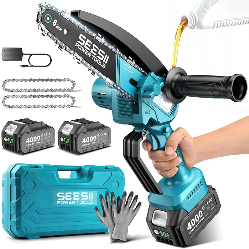 Seesii Mini Cordless Chainsaw 6 Inch 2x4000mAh Batteries Battery Powered