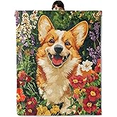 onlcuk Funny Corgi Flower Blanket, Cozy Flannel Dog and Floral Blankets, All Season Soft Throw for Travel Home Decor, Lightweight Sofa Bed Throws, Gifts for Women Girls Kids Puppy Lovers, 50"×60"