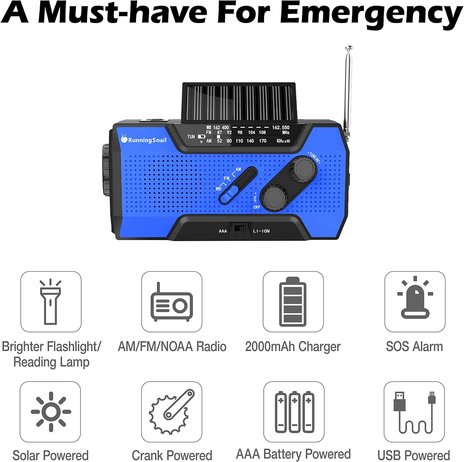 RunningSnail Solar Crank NOAA Weather Radio for Emergency with AM/FM, Flashlight, Reading Lamp and 2000mAh Power Bank (Blue): Home Audio & Theater