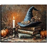 Framed Halloween Canvas Wall Art for Living Room Decoration 8x12, Witch Hat Exquisite Poster Painting Prints,Vintage Spooky Pumpkin Fall Canvas Art for Bedroom Home Decor