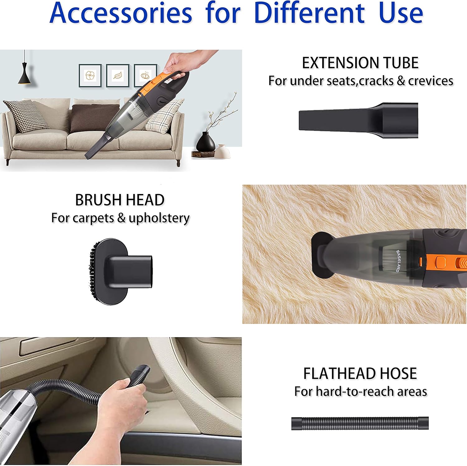 Baseland Cordless Handheld Vacuum, Portable Car Vacuum Cleaner, Upgraded Rechargeable Vacuum for Household and Car Cleaning，with 2 Kinds of USB and Socket Charging Line. -