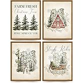 ETVISO Vintage Christmas Wall Decor Prints, Retro Christmas Tree Pictures Wall Art Decorations for Living Room Bedroom Kitchen Bathroom Office, Winter Holidays Gift Poster Set of 4 (8x10 Unframed)
