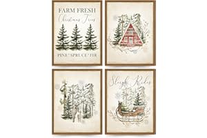 ETVISO Vintage Christmas Wall Decor Prints, Retro Christmas Tree Pictures Wall Art Decorations for Living Room Bedroom Kitchen Bathroom Office, Winter Holidays Gift Poster Set of 4 (8x10 Unframed)