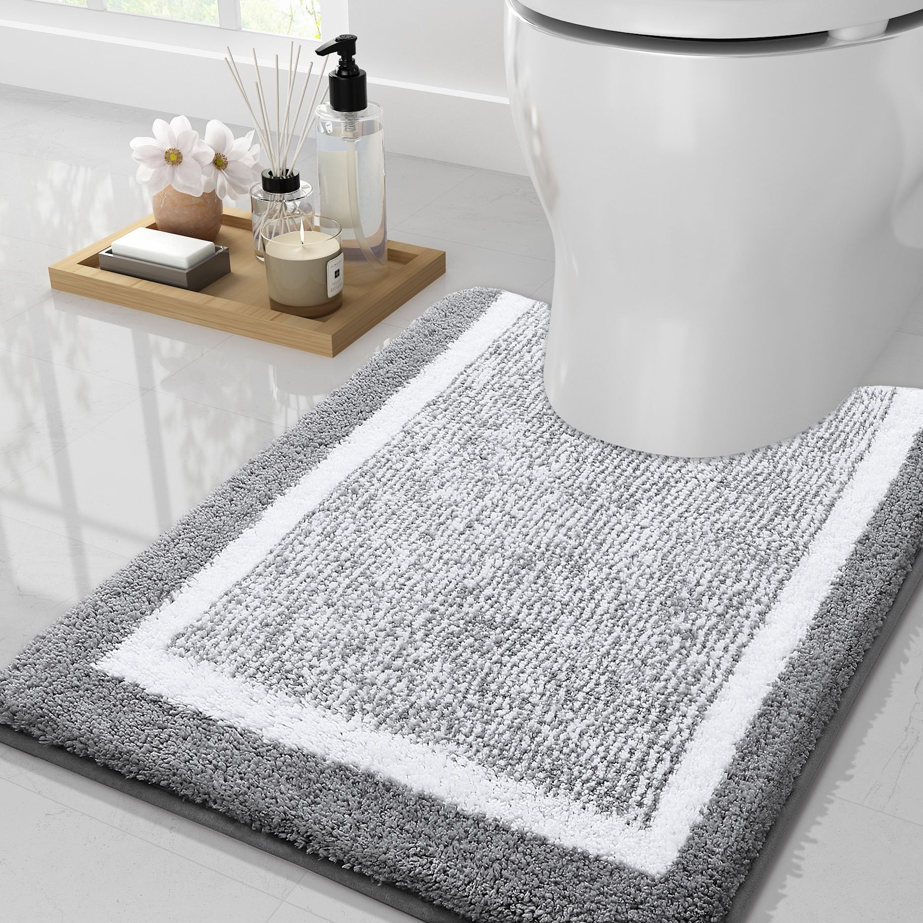 smiry Microfiber Non-Slip Toilet Mats for Bathroom, Extra Soft Absorbent Toilet Mats Rugs, Machine Washable Quick Dry Floor Mat, 50 x 60 cm, Grey