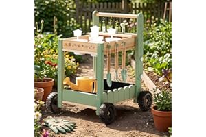 ROBOTIME Kids Gardening Tools with Cart Wheelbarrow - Wooden Outdoor Garden Toys Set with Watering Can, Shovel, Hand Rake & P