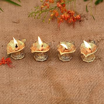 Collectible India Set of 8 Handmade Metal Diya Oil Lamp for Puja - Diya for Diwali Decoration - Engraved Dia for Home Temple Festival Gifts Puja Articles Decor - Diwali Lights