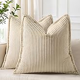 decorUhome Spring Corduroy Beige Throw Pillow Covers 20x20 Set of 2 Decorative Soft Boho Farmhouse Couch Pillow Covers for Living Room Bed Sofa Broadside Striped Pillow Cases