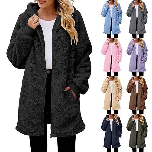 Ladies Long Fleece Jackets Full Zip With Hooded, Warm Teddy Fleece Longline Hoodie With Pockets Comfort-Ladies Soft Plush Long Coat For Winter Outdoor Thermal Jackets Cosy Zip Up Teddy Hoodie