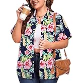 Plus Size Hawaiian Shirts Women: Hawaii Tropical Button Down Shirt Soft Cool Floral Tops Beach Vacation V Neck Blouses