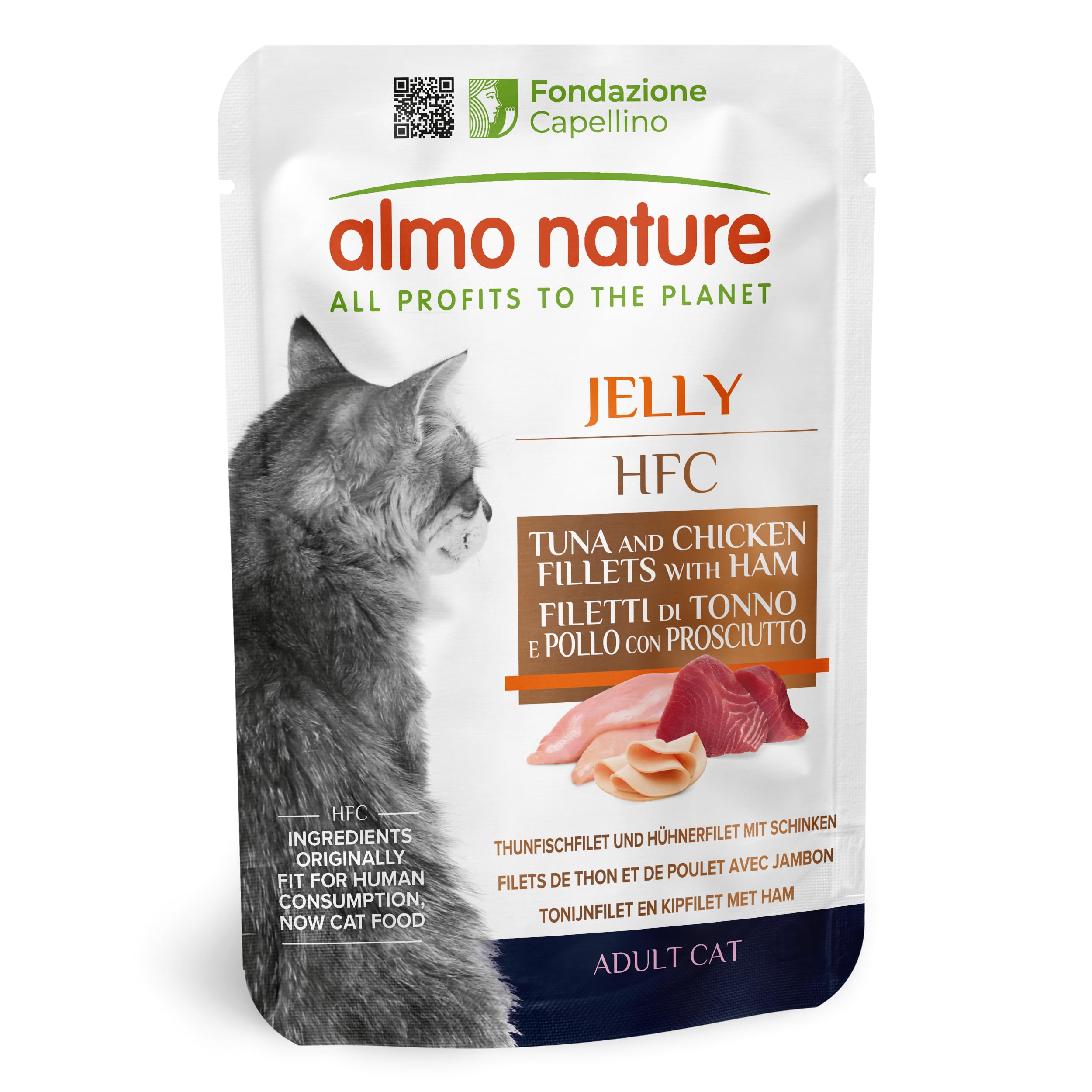 Almo Nature HFC Jelly - Wet Cat Food for Adult Cats - Tuna, Chicken and Ham - Human-Grade, Gluten-Free - 55g (Pack of 24)