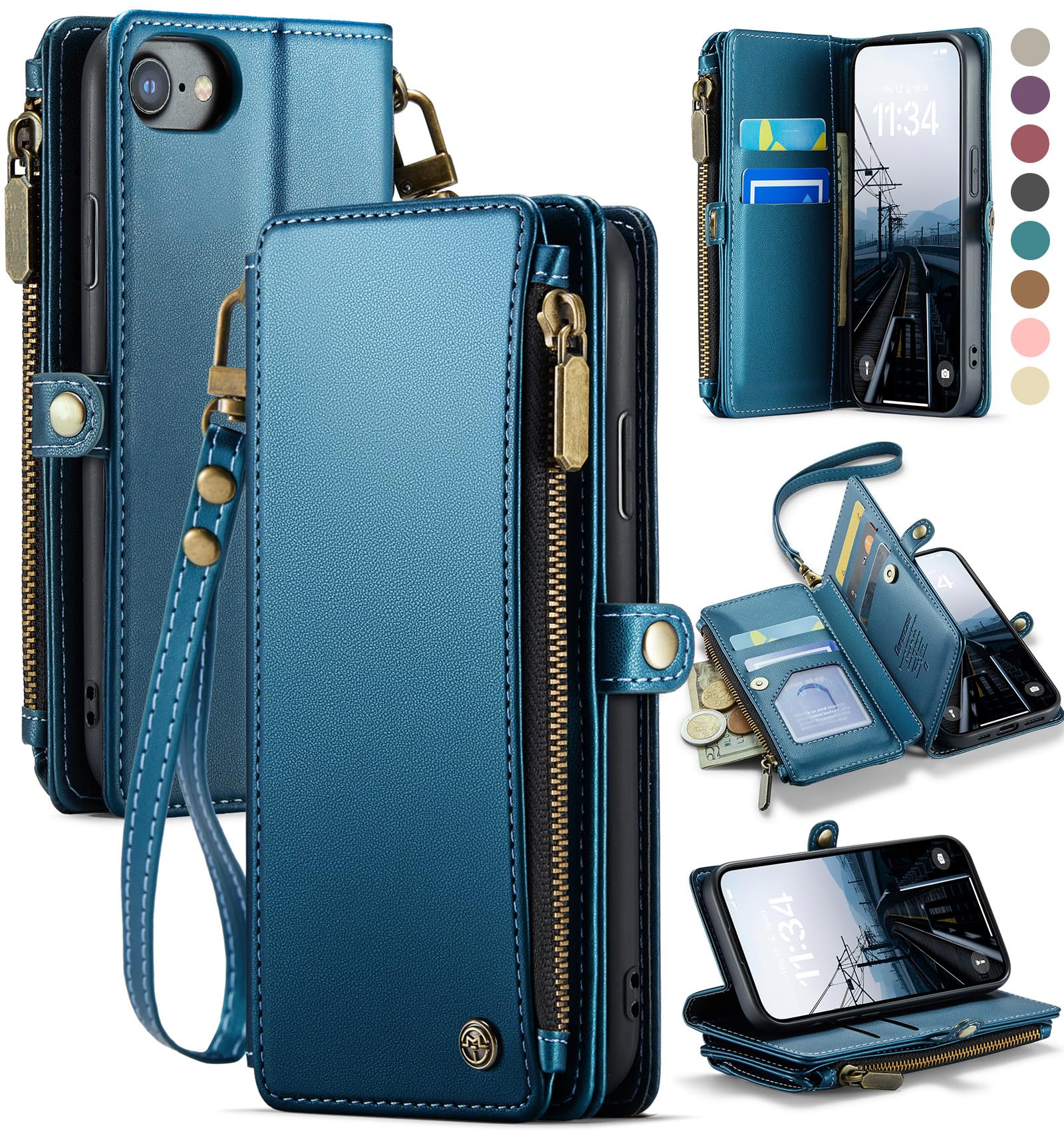 Photo 1 of Defencase Compatible with iPhone SE 2020 2022 Case Wallet with RFID Blocking Card Holder for Women Men, PU Leather Magnetic Snap Flip Zipper Strap Wallet Phone Case Fit for iPhone SE/7/8, Dark Blue