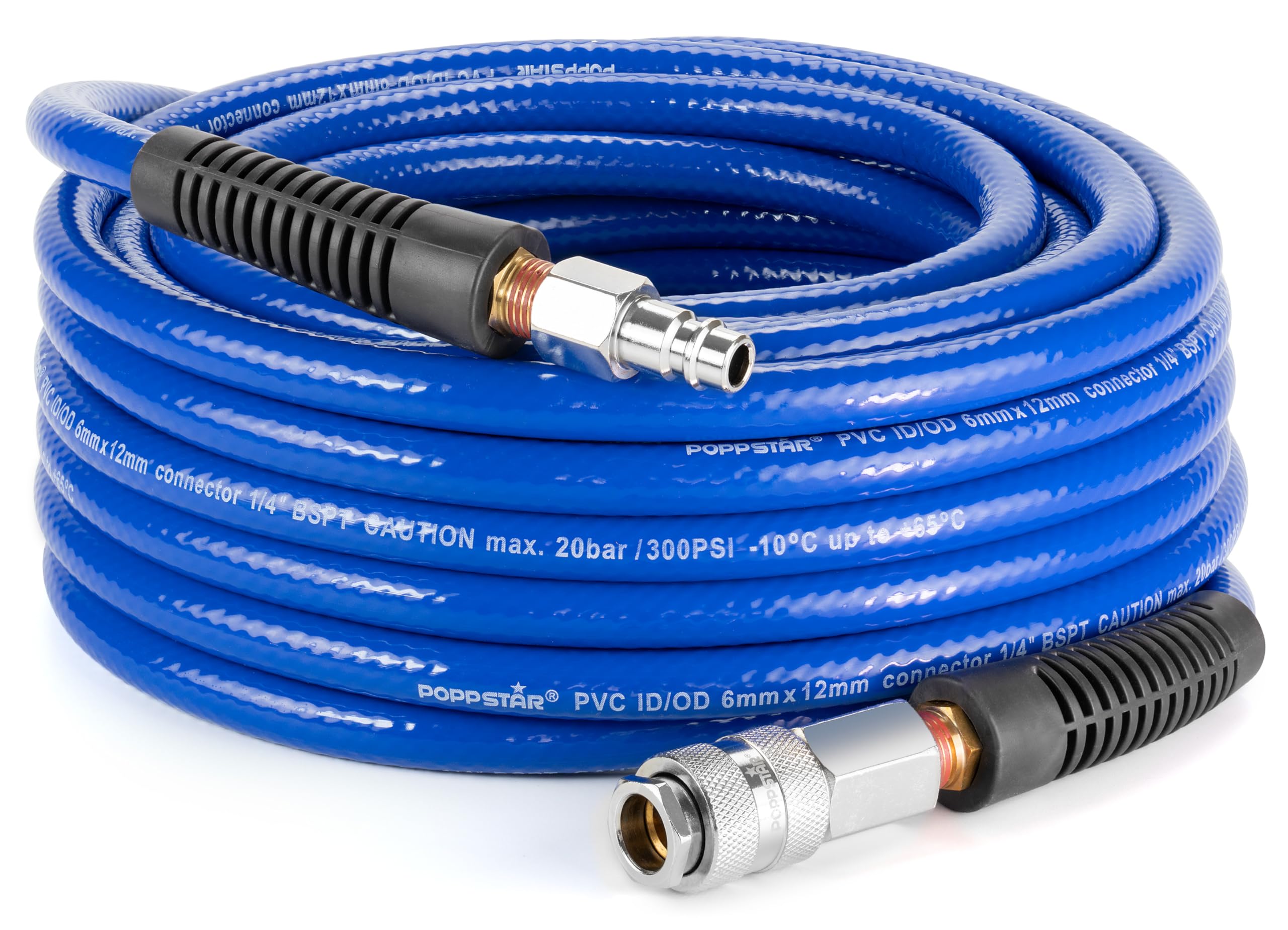 Poppstar PVC Air Line Hose 6/12mm, 5m Long, Quick Coupling & Fitting, 20 bar, Blue