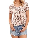 Allegra K Floral Babydoll Tops for Women's Pleated Scoop Neck Cute Shirt Short Sleeve Casual Blouses