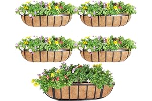JFFLYIT 4 Pcs 16“ Railing Planter Window Box Deck Railing Planters Boxes with Coco Liner English Horse Trough Planters Metal Wall-Mounted Planter Basket for Outdoor Balcony Porch Fence Patio Rail