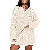 MEROKEETY Lounge Sweater Sets for Women 2 Piece Outfits Casual Long Sleeve Striped Tops Shorts Matching Set