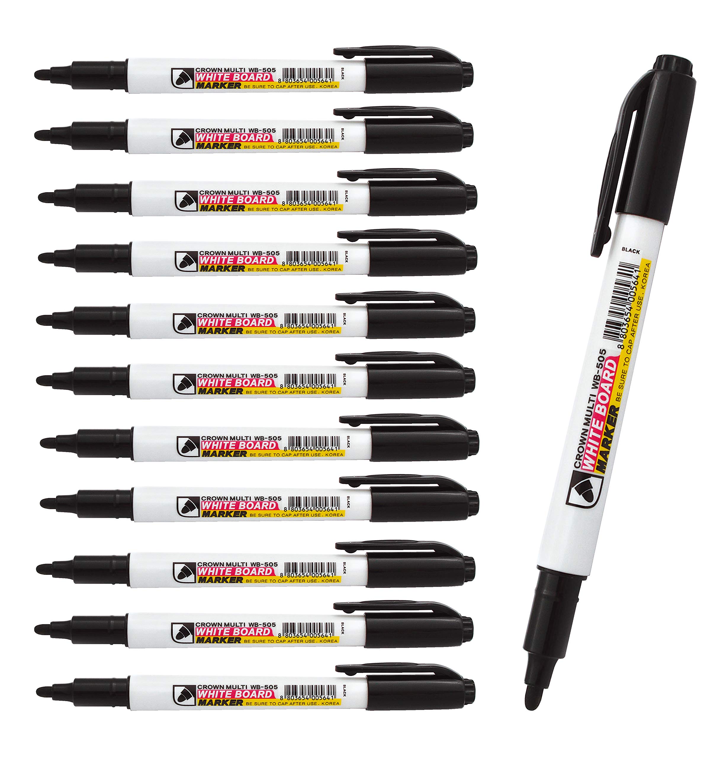 CROWN WB505 Drywipe Pens Bullet Tip - Pen Style Markers - Pack Of 12 - Dry Erase Ink - Black - 2mm Line