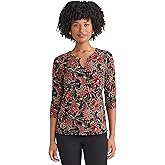 Jones New York Womens 3/4 Sleeve V-Neck Printed Top