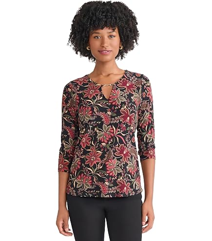 Jones New York Women's 3/4 Sleeve Pleat Front Printed Tunic Top at