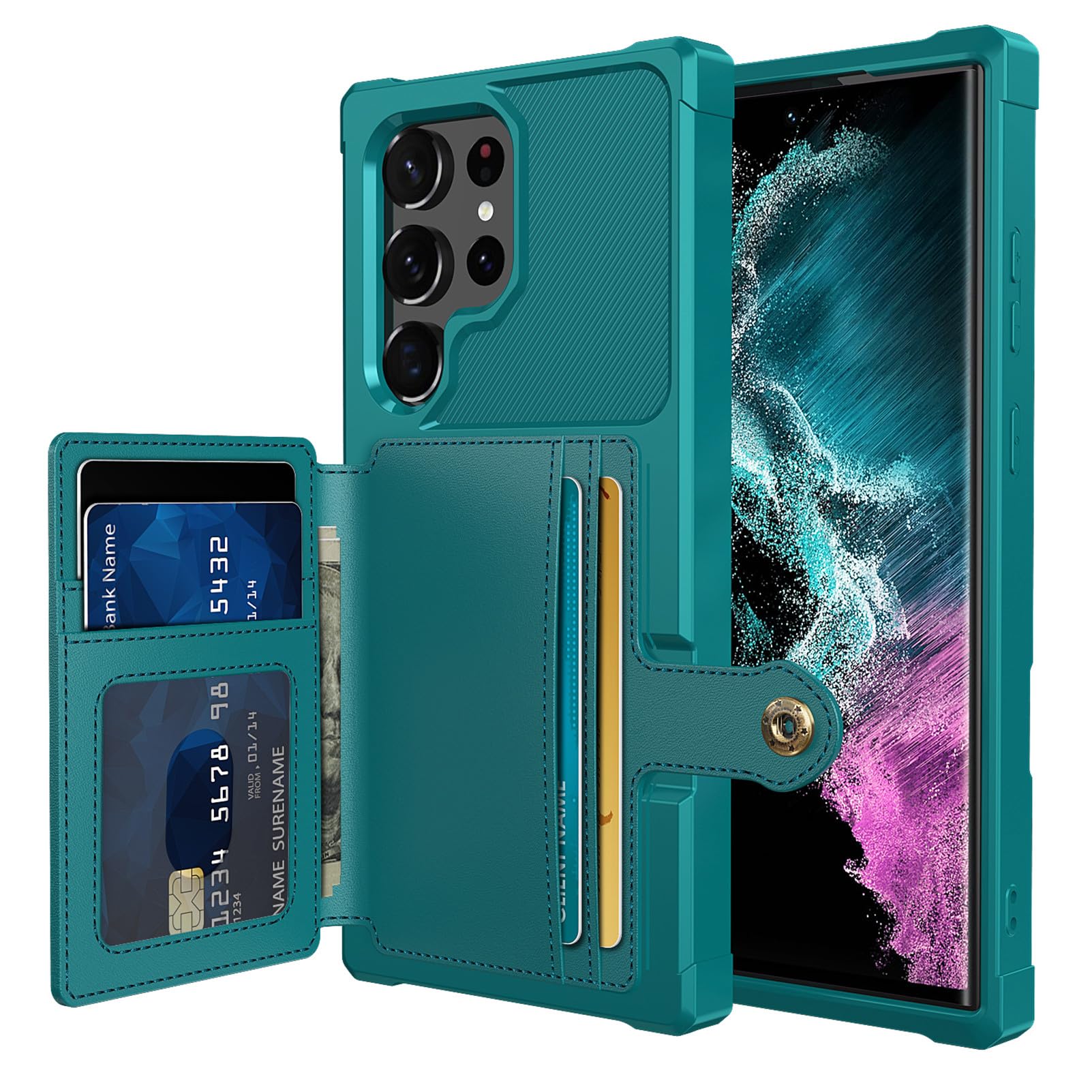 Photo 1 of Tcaraersing for Samsung Galaxy S23 Ultra Case with Card Holder, Compatible with Magnetic Car Mount, Heavy Duty Shockproof Rugged Soft TPU Back Leather Flip Wallet Cover Galaxy S23 Ultra 5G 6.8", Green
