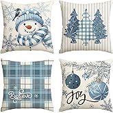 AVOIN colorlife Winter Snowman Joy Snowflake Christmas Throw Pillow Covers, 18 x 18 Inch Xmas Tree Winter Holiday Buffalo Plaid Cushion Case Decoration for Sofa Couch Set of 4