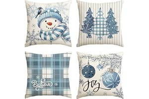 AVOIN colorlife Winter Snowman Joy Snowflake Christmas Throw Pillow Covers, 18 x 18 Inch Xmas Tree Winter Holiday Buffalo Plaid Cushion Case Decoration for Sofa Couch Set of 4