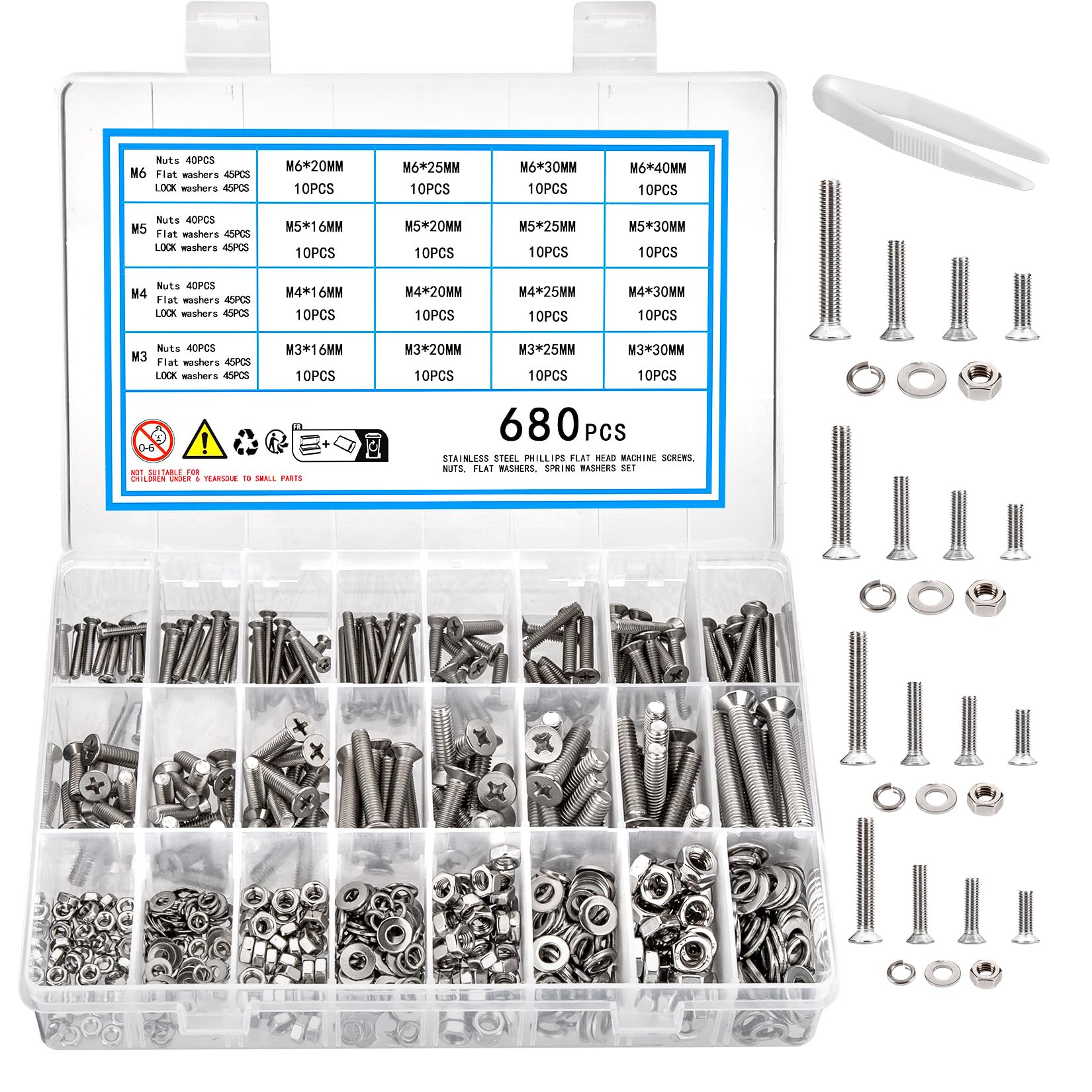 KOXXIAMOQ 680 Pcs M3 M4 M5 M6 Countersunk Machine Screws Nuts and Bolts and Washers Set, Stainless Steel Flat Head Cross Head Fasteners Screws Bolts and Nuts and Washers Assortment Kit (680)