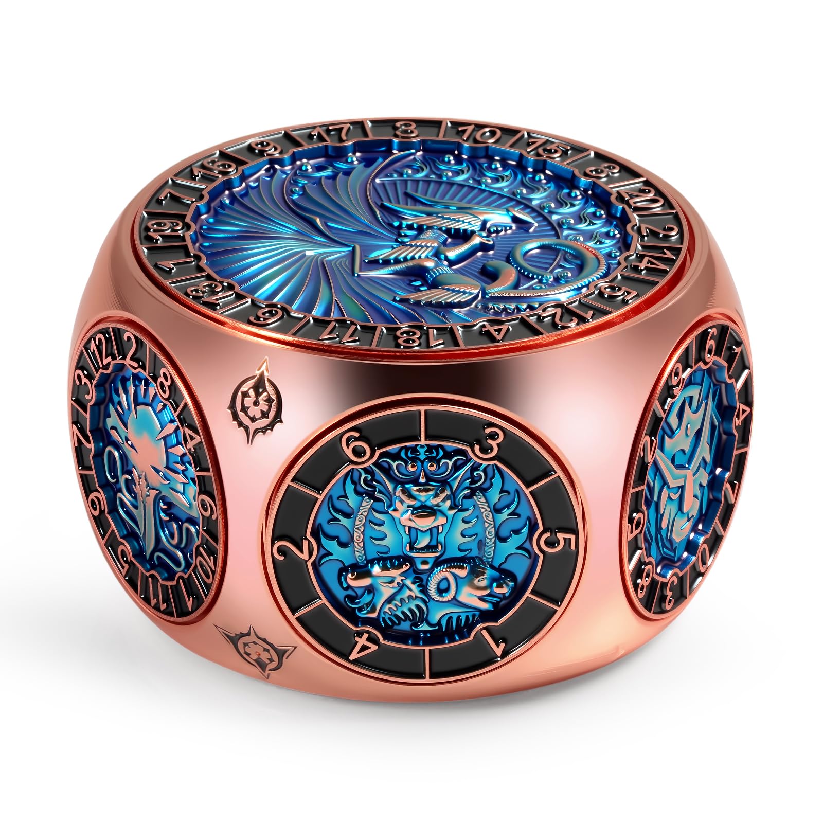 DNDND Unique Spinner Dice, 8-in-1 Hexagonal Metal Dice with Dual D20 Monster Themed Dice Set for DND Dungeons and Dragons, Dungeon Masters with Collectible Gift Tin (Rose with Teal)