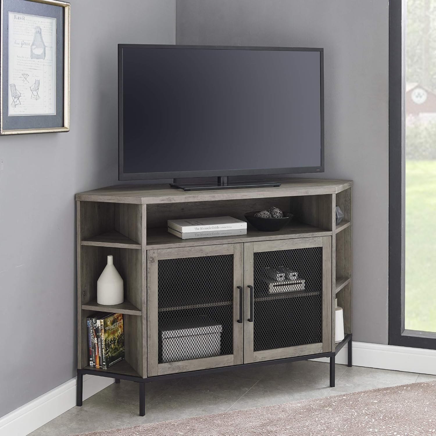 Furniture Grey Wash 48 Industrial Mesh Door Corner TV Console Home