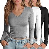 Sweetyweee 3 Pack Women's Long Sleeve Shirts V Neck Fitted Crop Tops Basic Tight Stretchy Tees Lightweight Layering Clothes