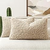 Woaboy Faux Fur Throw Pillow Covers 20x12 Inch Set of 2 Boucle Neutral Decorative Lumbar Sherpa Fuzzy Accent Soft Sheepskin Fleece Cushions Modern Home Decor for Couch Sofa Bedroom Living Room,Oatmeal