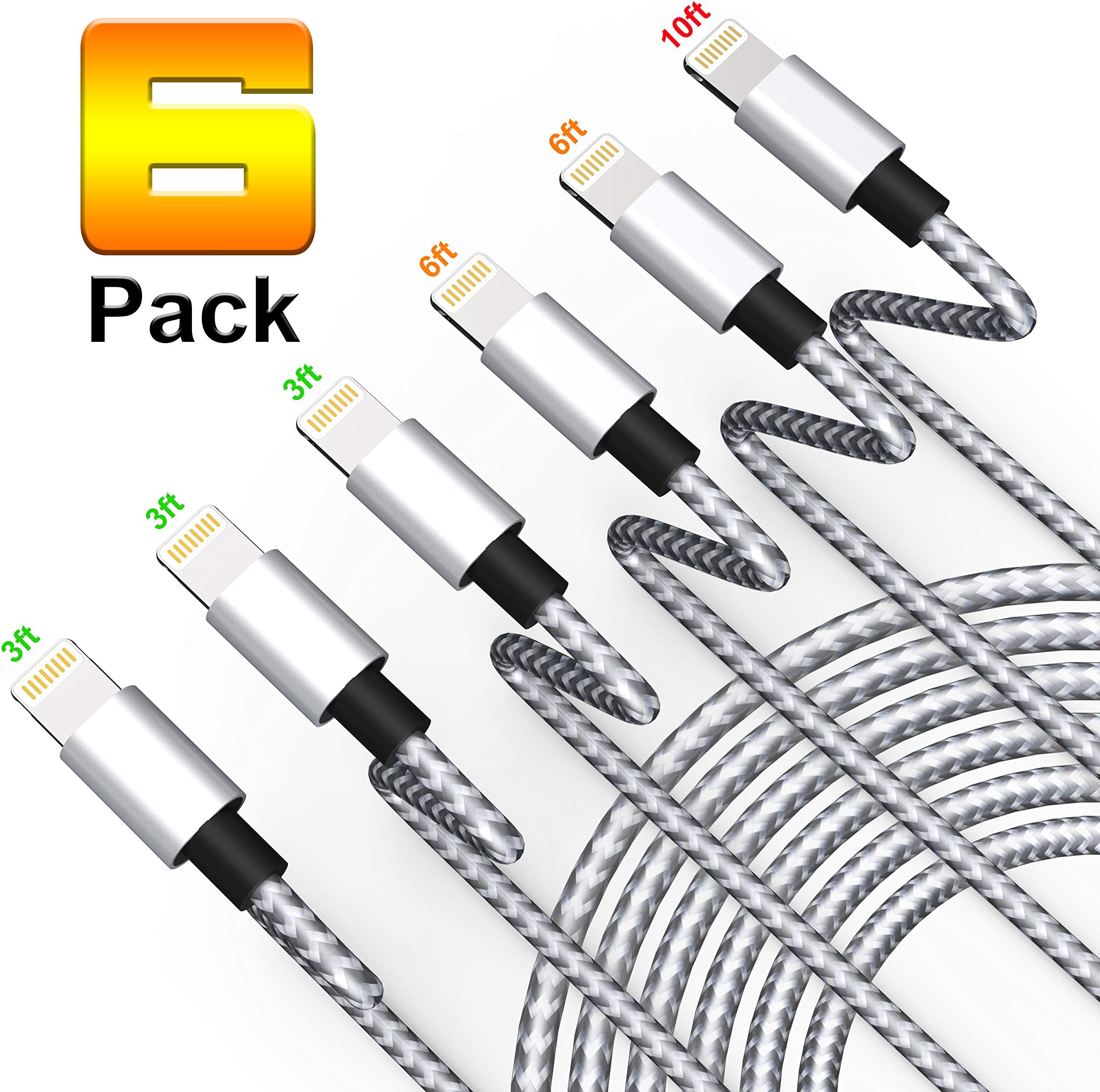 BALALAHTEK USB Charging Cable 6 Pack 3FT 6FT 10FT MFI Certified Lighting Cable Nylon Braided High Speed Connector Data Sync Transfer Cord Compatible with Phone XS/XR/X/8/7/6/Pad/Pod (Silver)