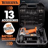 Terratek 18V Cordless Drill Driver 13pc Set With Case LED Light Charger view 5