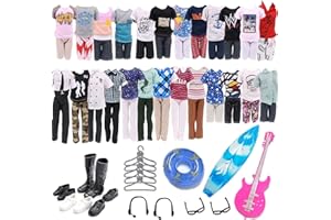CARREUTY 33 PCS Doll Clothes and Accessories Doll Including 5 Tops 5 Pants Casual Wear in Random 4 Pair of Shoes Hangers Glasses Earphone Guitar Surfboard Swimming Ring for 12 Inch Boy Doll