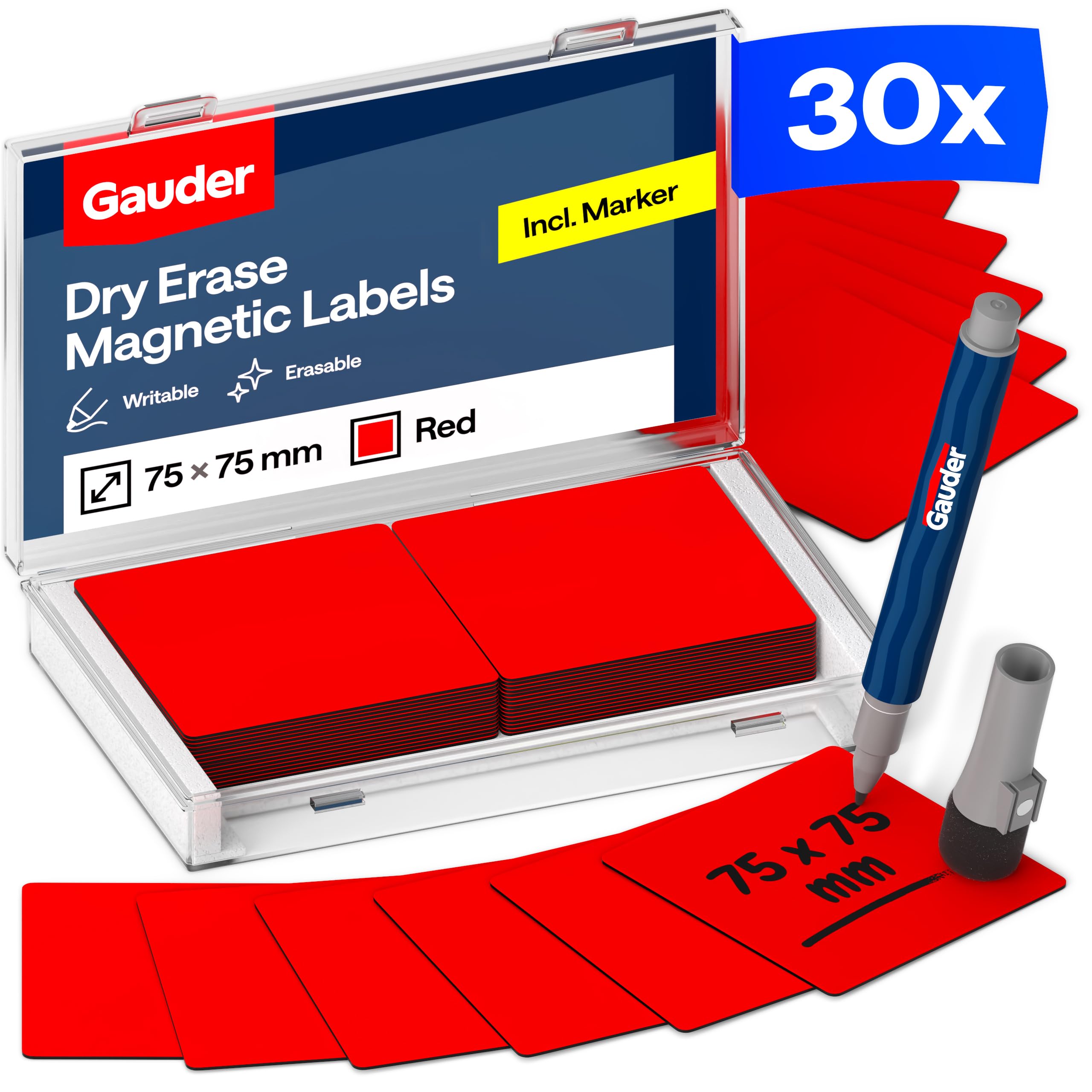 GAUDER Magnetic Labels Writable - Reusable Magnetic Tags for Whiteboard, Blackboard, Kanban Board and Fridge - Magnet Cards with Marker (30 Pieces - 75 x 75 mm)