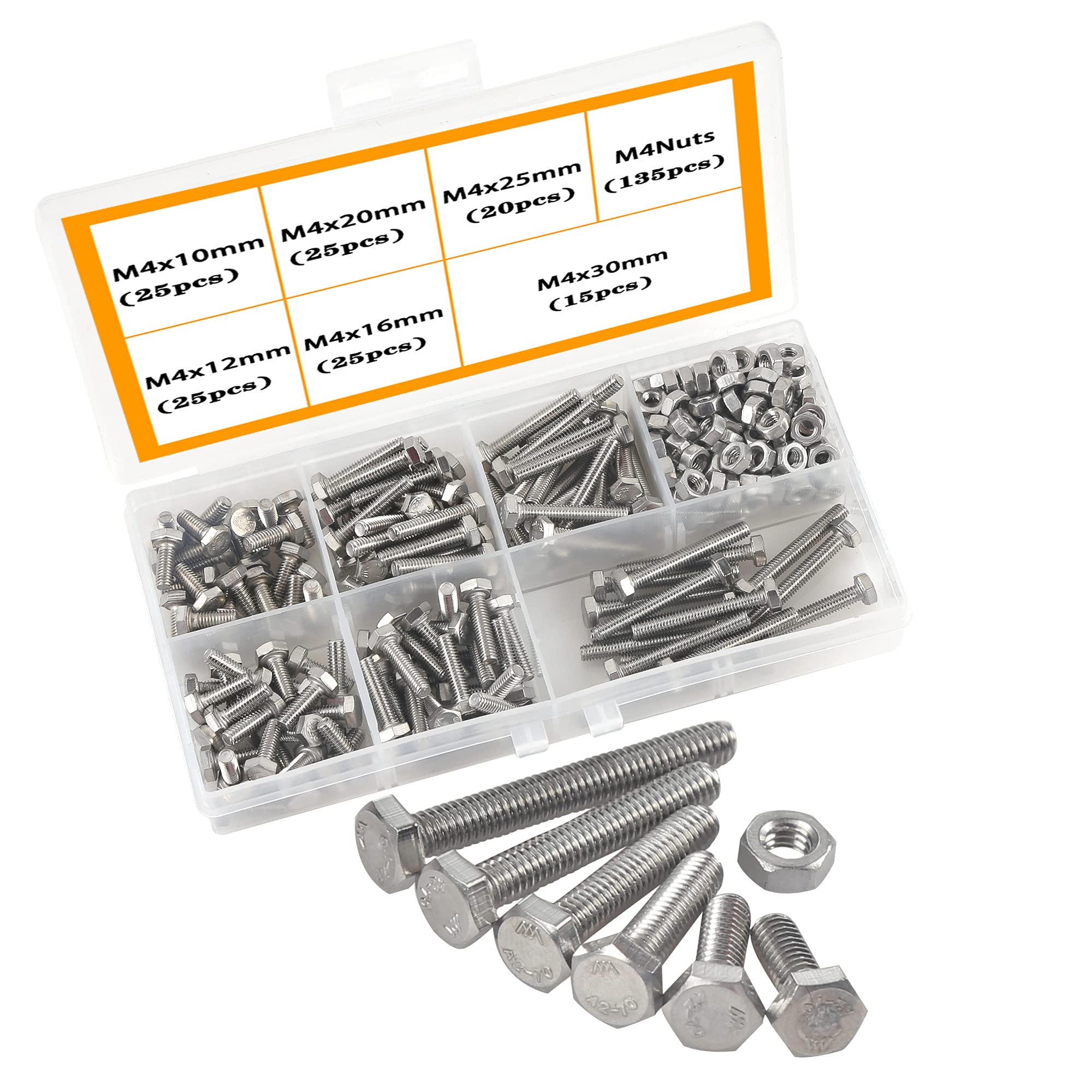 M4 Nuts and Bolts 304 Stainless Steel Screws Assorted Metric Kit, Hex Head Cap Hexagon Bolts and Nuts Assortment Set Kit with Storage Box