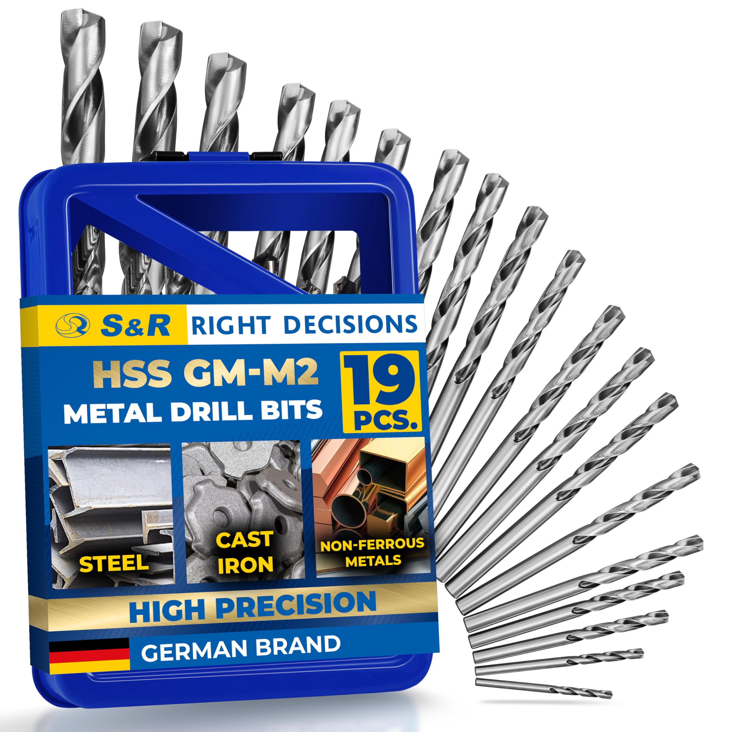 S&R Metal Drill Bit Set 1–10 mm – 19-Piece HSS Steel Ground Bits | DIN 338 Precision | Professional Quality in Steel Storage Box
