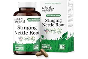 Wild & Organic Stinging Nettle Root Capsules 5000 mg - 10:1 Stinging Nettle Root Extract - Supplement for Men and Women - 180 Vegan Capsules - 180 Days Supply - Non-GMO, Gluten-Free, No Fillers