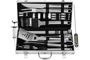 Grilljoy 24PCS BBQ Grill Tools Set with Meat Thermometer and Injector - Extra Thick Stainless Steel Fork, Spatula& Tongs - Complete BBQ Accessories in Aluminum Case - Perfect Grill Gifts for Men