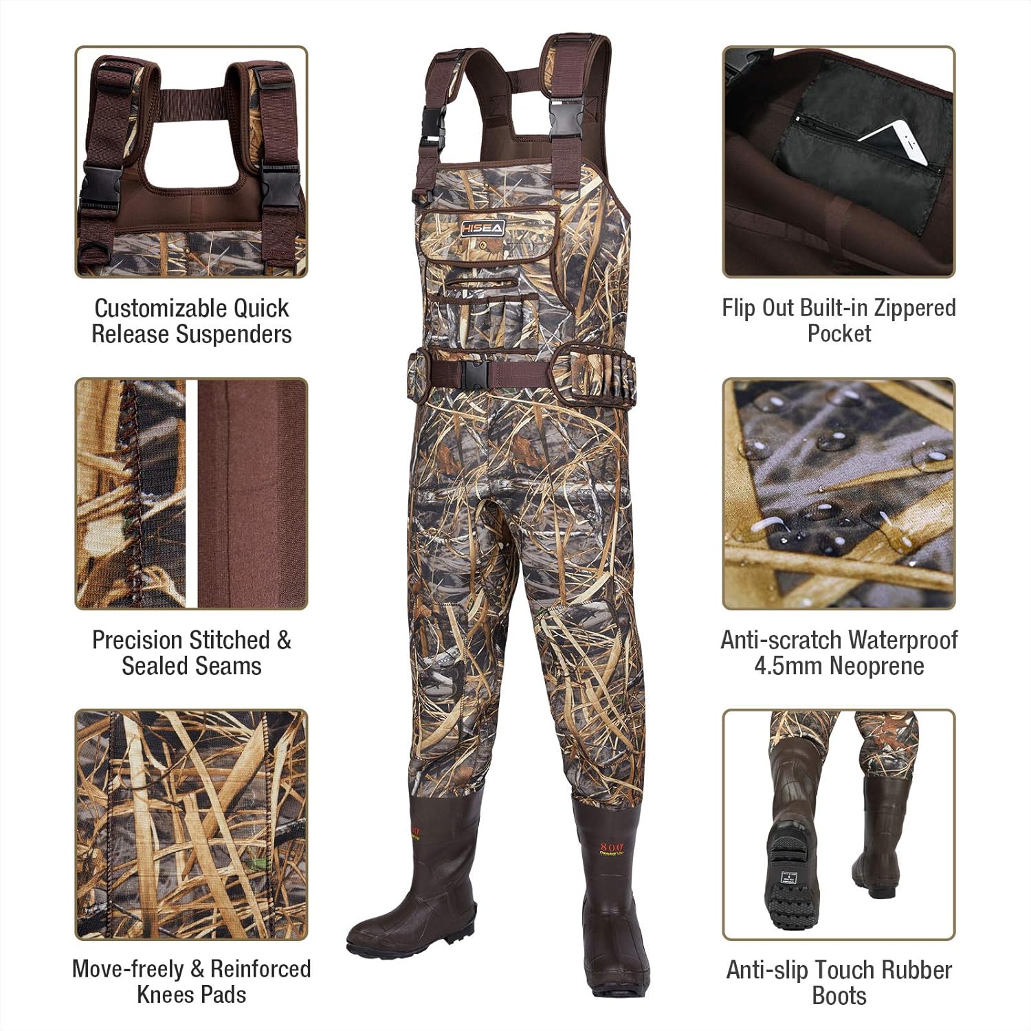 HISEA Hunting Chest Waders for Men with 800G Insulated Boots Waterproof Neoprene Bootfoot Waders : Clothing