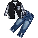 Woleroyir Toddler Baby Boy Clothes Flannel Long Sleeve Plaid Shirt Ripped Denim Jeans Outfit Set Boys Fall Outfits 2-6 Years